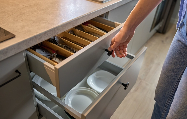 person opening kitchen drawer